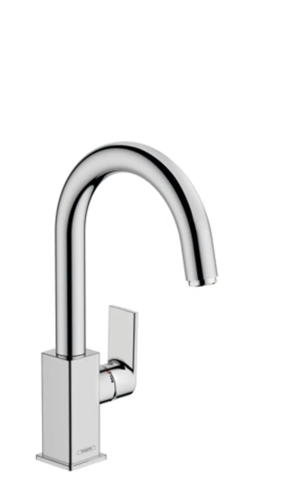 Hansgrohe-Waschtischmischer aus verchromtem Metall mit geschwungenem Auslauf und seitlichem Hebel für die Wassermengen- und Temperaturregelung.
